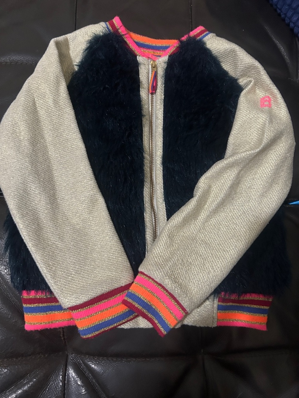 Girls Metallic Beige Bomber Jacket with Black Faux Fur Panels